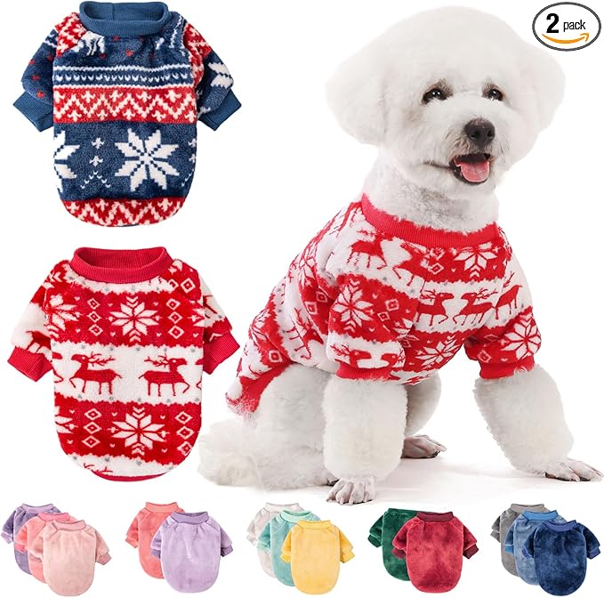Christmas Dog Sweater, 2-Pack Dog Clothes, Ultra Soft and Warm Pet Jackets for Small Dogs & Cats, Winter Pet Apparel Costumes, Puppy Outfits (Red,Blue, Small)