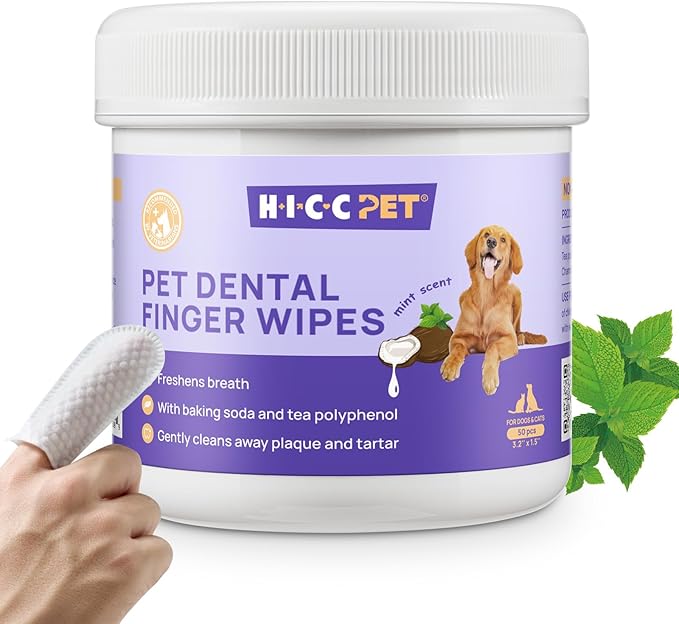 HICC PET Teeth Cleaning Wipes for Dogs & Cats, Vet-Recommended Remove Bad Breath & Plaque & Tartar Buildup Dog Finger Toothbrush Wipes, Dog Tooth Brushing Kit Remove Stain & Gum Care for Small Animal
