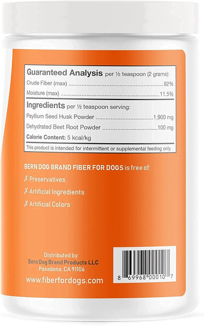 Fiber for Dogs Psyllium Seed Husk Powder & Dehydrated Beet Root Powder Aids a Number of Intestinal Disorders in Dogs Including Diarrhea, Constipation & Anal Gland Issues. Available in 6 and 12 oz.