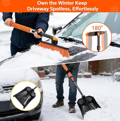 7 in 1 Snow Shovel & Snow Brush Kit, 47.2" Ice Scrapers & Snow Shovel Kit, Car and 360° Pivoting Car Scraper Snow, 7 in 1 Extendable Snow Brush with Foam Grip Glove.