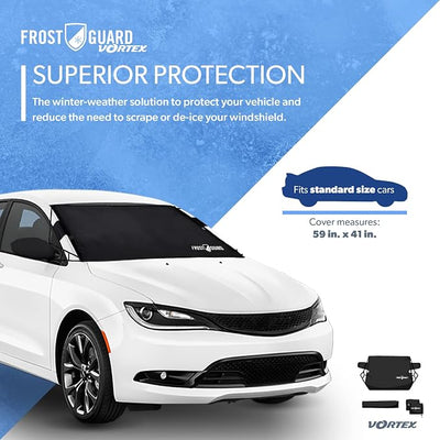 FrostGuard Vortex | Full-Coverage Car Windshield Cover for Ice and Snow, Standard Size (Black) - Wiper Blade + Side Mirror Coverage - Fit-Fast Straps, Security Panels + Storage Pouch - 59 x 41 Inches