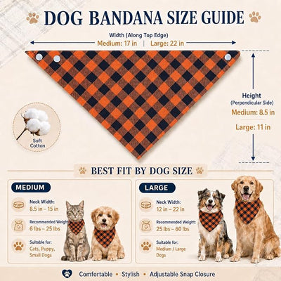 Orange & Black Plaid Dog Bandana with Button, Dual Layer Scarf Soft Cotton Triangle Bib Girls and Boys Kerchief Adjustable Accessories for Small Medium Dog Puppy Pet Cat(Medium)