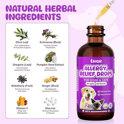 Liquid Dog Allergy Drops for Itchy Skin & Paws, Seasonal Allergies, Allergy Relief Drops for Cats Immune, Digestive Support 60mL Natural Cats & Dog Yeast Infection Relief for All Breeds