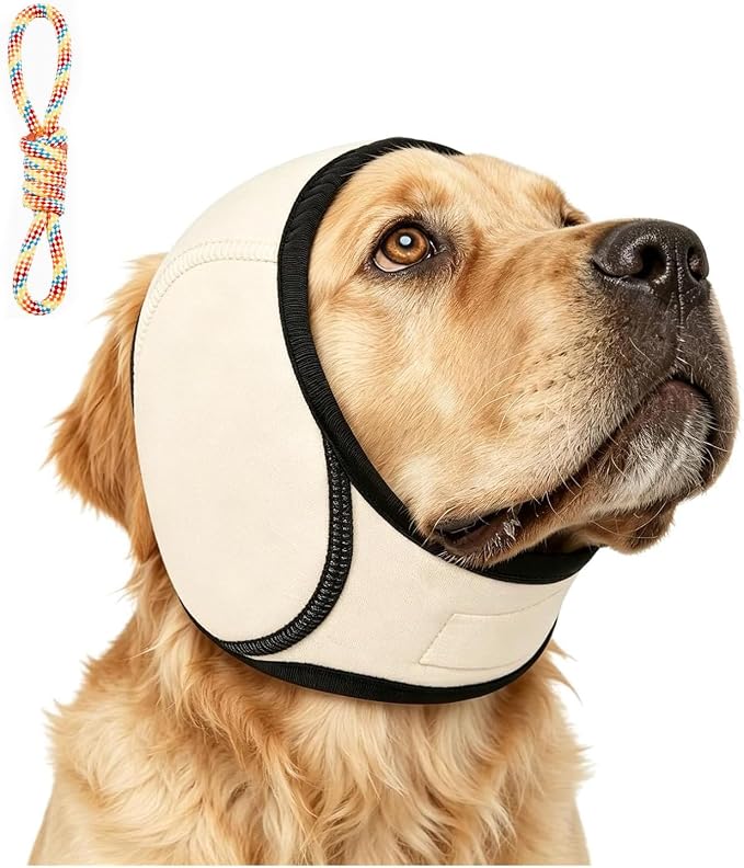 Zenpup Noise Cancelling Ear Wrap, Dog Ear Muffs Noise Protection Firework Thunder Vacuum, Elastic Dog Ear Wrap with Sound-Blocking Rubber Pads, No Shake, Adjustable (Beige, Large)