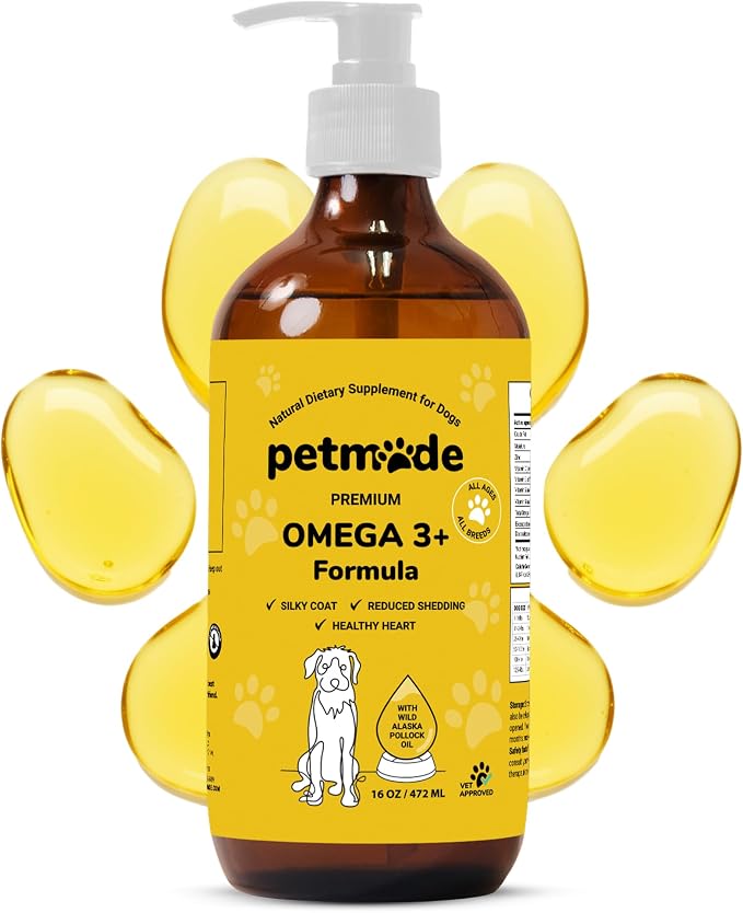 Omega 3 Fish Oil for Dogs Skin and Coat - Wild Alaskan Pollock Oil for Itchy Skin- Omega 3 Fatty Acids - Vet Approved Liquid EPA & DHA Supplements - with Zinc, Vitamin C, B2, B7 & E - 16 Fl Oz