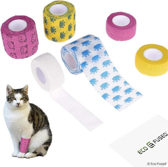 Self Adhering Bandage - Injury Wrap Tape for Cats - Pack of 6 - Supports Muscles and Joints - Does not Stick to Hair - Elastic, Water Repellent, Breathable - Relieves Stress