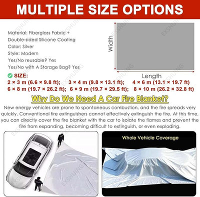 Ev Car Fire Blanket, Silicone Fire Blankets for Electric & Gas Vehicles, 1100°C Reusable Large Emergency Fire Suppression Blanket, Survival Safe Blankets for Ev Battery