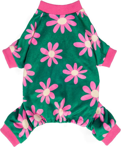Fitwarm Flower Fleece Dog Pajamas, Warm Winter Dog Clothes for Small Dogs Girl, Cozy Pet Onesie with Feet, Dark Green, XL