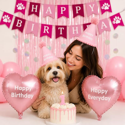 Pet Birthday Decorations Set for Girl Dog & Cat, Birthday Party Supplies with Pink Fringe Backdrop, Happy Birthday Banner & Heart Balloons, Cute Photo Props for Pet Milestone