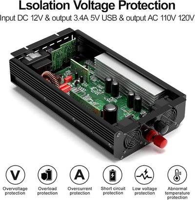 3000W Power Inverter 12V DC to 110V/120V AC, 6000W Peak Car Inverter with 2 AC Outlets, 2.4A USB Port & LCD Display, Portable Backup Power Converter for RV, Truck, Solar, Camping, Off-Grid & Emergency