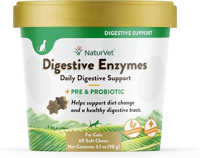Digestive Enzymes for Cats Plus Probiotics – 60 Soft Chews – Helps Support Diet Change & A Healthy Digestive Tract – Aids in the Absorption of Vitamins & Minerals – 30 Day Supply