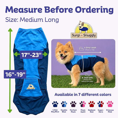 Surgi Snuggly Dog Surgery Recovery Suit – Dog Onesie for Post Surgery Recovery, Female Spay & Male Neuter – Surgical Suit for Dogs, E-Collar Cone Alternative, Double Blue - Medium Long, 16" - 19" (EC)