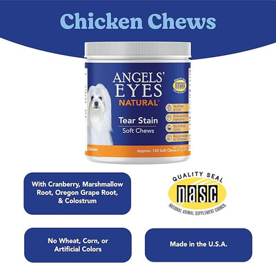 Angels' Eyes Natural Tear Stain Prevention Soft Chews for Dogs | Chicken Formula | 120 Count | Daily Supplement to Reduce Eye Stains | No Wheat or Corn | Cranberry & Marshmallow Root | Made in USA