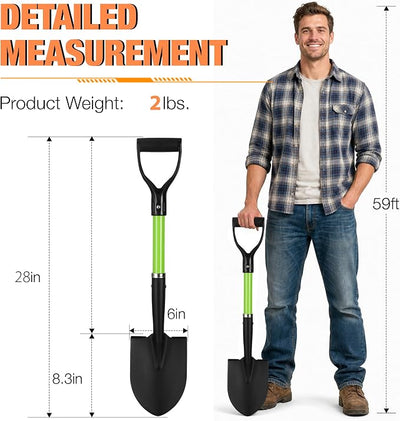 28-Inch Mini Garden Shovel, Kids Small Shovel, Fiberglass Handle with D-Grip & Alloy Steel Head for Car Emergency Kit, Beach, Planting & Light Duty Digging (Green)