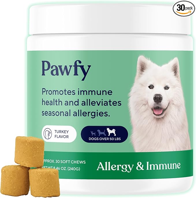 Dog Allergy Chews for Large Breed with Itchy Skin & Paw Licking | Allergy & Immune Support for Dogs with Probiotics, Salmon Oil, Turmeric & Vitamin B12 | 30 Turkey Flavoured Chews