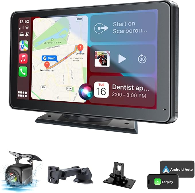 Car Play,Wireless Portable with Apple CarPlay and Android Auto Screen for Car,7" HD Touch Screen Car Stereo with Mirror Link,Backup Camera,Bluetooth5.2,GPS Navigation,AUX,FM for All Vehicles