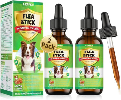 Flea and Tick Prevention for Dog, 60 ML (2 FL OZ) 2 Pack Natural Oral Flea and Tick Drops for Dogs Containing Multivitamin All Breeds and Sizes Fleas Control for Dogs Bacon Flavor