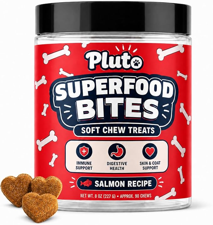 Pluto Superfood Softchew for Dogs, Immune Support Digestive Health Skin & COATSUPPORT Hip and Joint Supplement for Dogs Salmon Flavor 90 Chews (1 PCS)