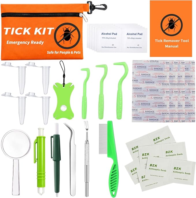 54-in-1 Tick Removal Tool Kit for Dogs, Cats and Humans, Stainless Steel Tweezers, Hooks, Pullers, Comb, Flea Comb and Orange Waterproof Case for Hiking Camping Outdoor