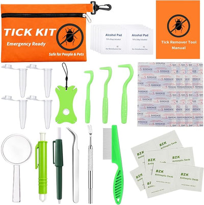 54-in-1 Tick Removal Tool Kit for Dogs, Cats and Humans, Stainless Steel Tweezers, Hooks, Pullers, Comb, Flea Comb and Orange Waterproof Case for Hiking Camping Outdoor