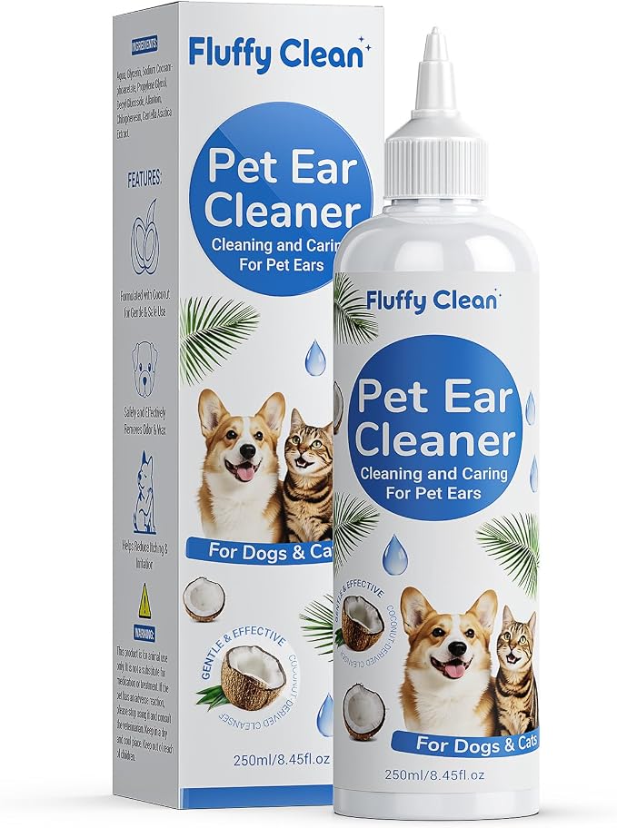 Ear Cleaner for Dogs & Cats - Gentle Ear Cleaning Solution with Natural Non-Irritating Formula for Sensitive Ear Care, Removes Built-up Wax, Discharge, Dirt & Debris - 8 OZ