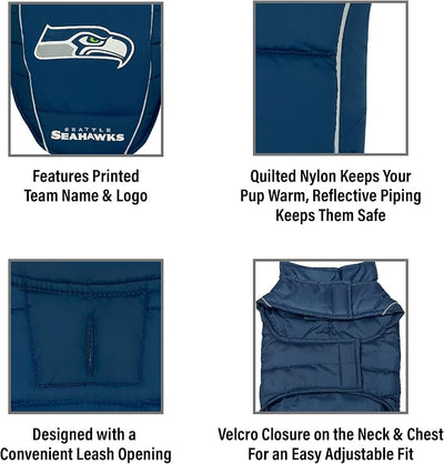 NFL New Seattle Seahawks Puffer Vest for Dogs & Cats, Size Small. Warm, Cozy, and Waterproof Dog Coat, for Small and Large Dogs/Cats. Best NFL Licensed PET Warming Sports Jacket