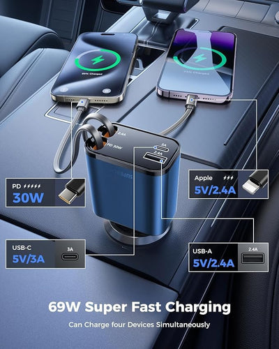 [Upgraded] 6 in 1 Retractable Car Charger, SUPERONE Smaller Fast Car Phone Charger 69W with Cord, USB C and iPhone Car Charger Adapter, Compatible iPhone 17/17 Pro Max/16/15/14/13, Sumsung