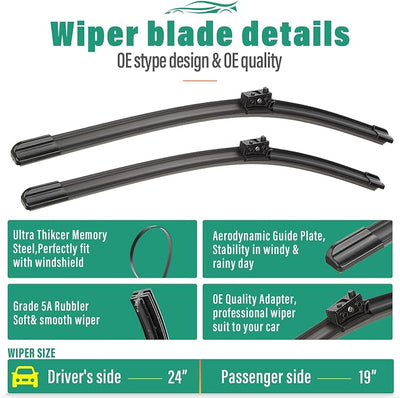 24" + 19" Windshield Wiper Blades for Mercedes-Benz CLA250 GLA250 A220 CLA35 CLA45 GLA45 AMG W177 2022 2021 2020 2019 2018 2017 2016-OEM Replacement Premium All Season Wiper Blades