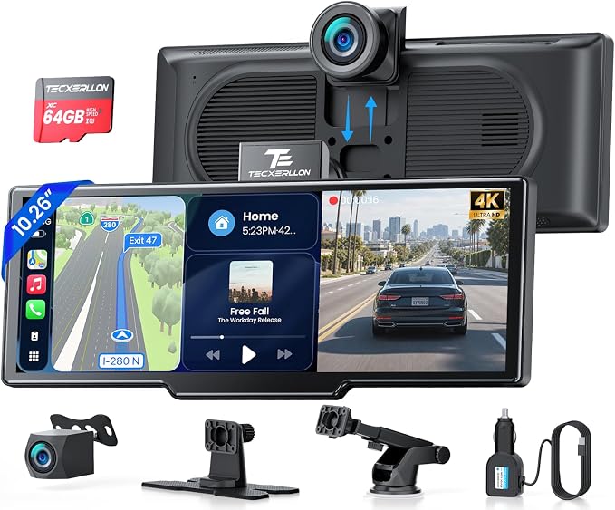 10.26" Portable Apple CarPlay Screen for Car with 4K Dash Cam and 1080P Backup Camera, Wireless Car Play & Android Auto, OTA, GPS Navigation, Voice Control, Mirror Link