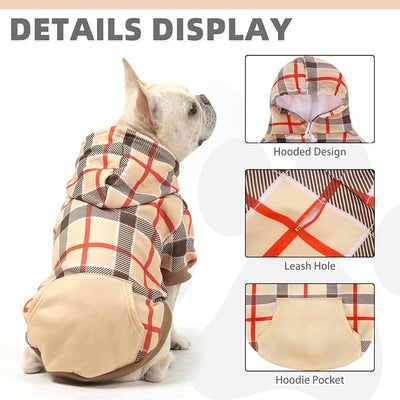 KOOLTAIL Plaid Dog Hoodie for Small Medium Large Dogs - Pet Clothes Sweater with Hat and Pocket for Cold Weather Winter, Warm Soft Dog Hooded Sweatshirt Coat Outfit for Puppy Cats Girls Boys Beige M