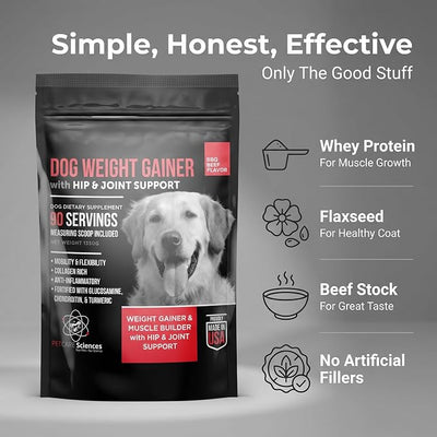 Dog Weight Gainer with Hip and Joint Support - Weight Gain Supplements for Dogs - Canine and Dog Muscle Builder - 90 Servings of Delicious BBQ Beef Flavor Powder - Made in The USA