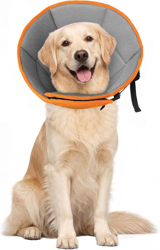 Adjustable Dog Cone for Spay, Comfy Recovery Collar Orange L | Breathable & Lightweight; Soft Fabric; Wound Healing & Stitches; Chewing Deterrent; Foldable; Extra Long; Protect Furniture