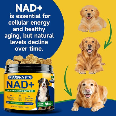 NAD Supplement for Dogs - NAD Soft Chews for Senior Dogs - Energy & Vitality, Anti-Aging, Cognitive Function - NR, Trans-Resveratrol, Quercetin, Glucosamine HCI - 140 Chews, Chicken Flavor