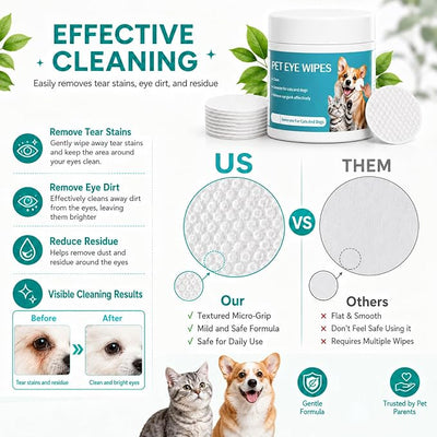 Pet Eye Wipes, 100 Count Tear Stain Cleaning Pads for Dogs & Cats, Pre-Soaked, Unscented, Gentle Cleansing, Ideal for Sensitive Eyes