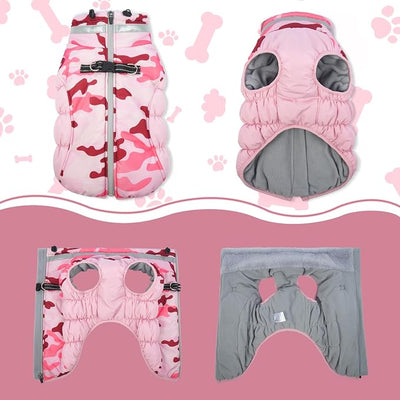 Lelepet Warm Dog Winter Coat Dog Coats for Large Dogs Waterproof Dogs Jacket with Harness Built in Reflective Cold Weather Coats Zip-Up Winter Fleece Vest Snowsuit Boston Terrier Pink Camo L