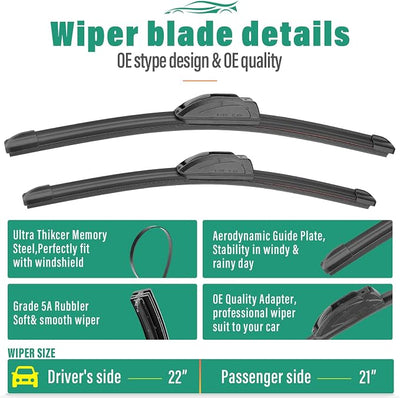 22" 21" 11" Windshield Wiper Blades Replacement for Jeep Grand Cherokee 2014 2015 2016 2017 2018 2019 2020 2021 Premium All Weather Front Rear Wipers Set - OEM Quality (Pack of 3)