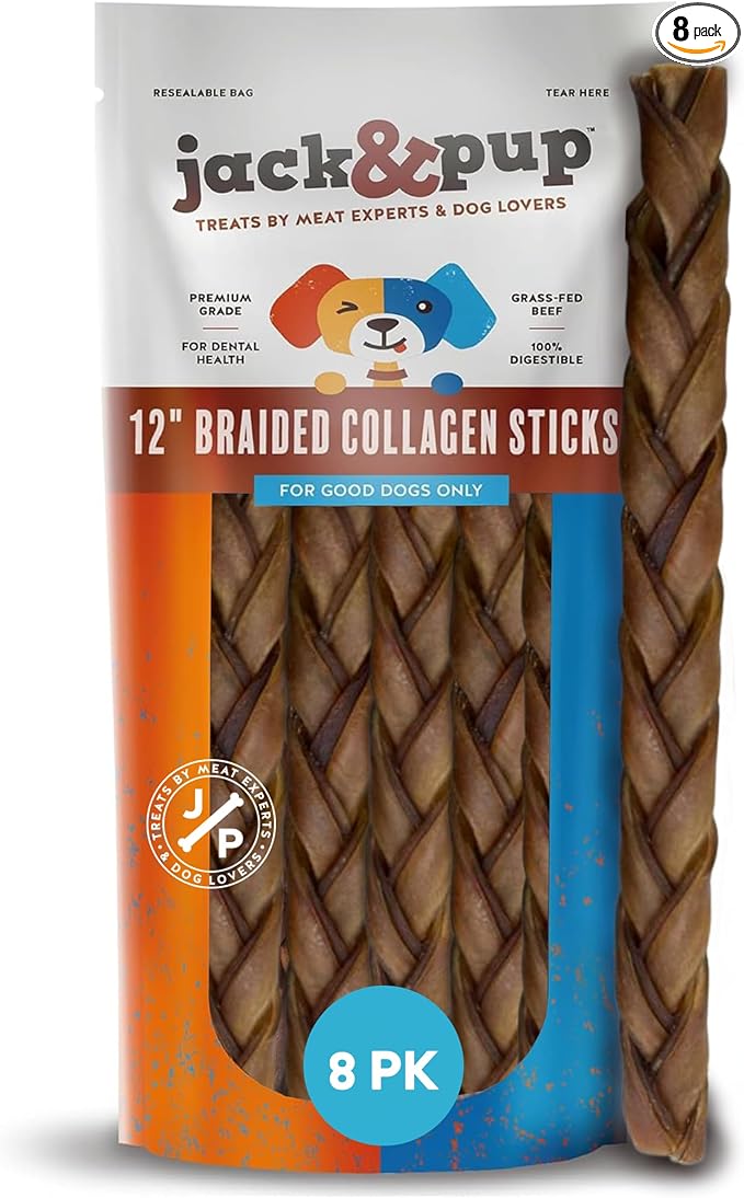 Jack&Pup 12" Braided Beef Collagen Sticks for Dogs - Rawhide Free Dog Chews Long Lasting Collagen Chews for Dogs - Bully Sticks Alternative (8 Pack)