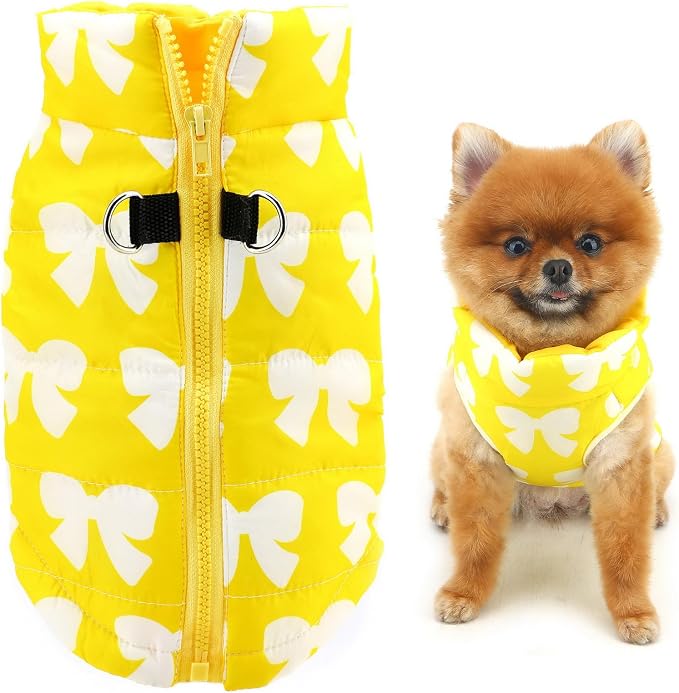 SMALLLEE_LUCKY_STORE Pet Water Resistant Winter Jacket Vest with D-Ring for Small Dog Cat Zip-up Padded Puppy Coat Chihuahua Yorkie Kitten Warm Clothes, Yellow, XL