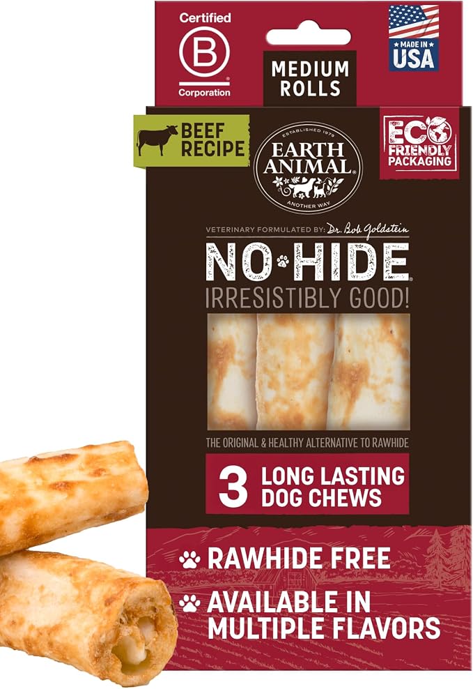 No Hide Chews - Long Lasting Rawhide Free Medium Dog Chews Rolls, Beef - 3 Count Value Pack