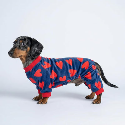 Fitwarm Valentines Day Sweet Hearts Dog Pajamas, Dog Winter Clothes for Small Dogs Girl Boy, Lightweight Velvet Pet Jumpsuit, Cat Onesie, Dark Blue, Red, XL