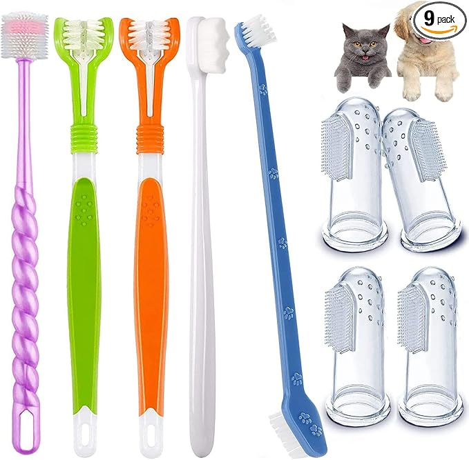 9-Pack Dog Toothbrush Kit, Triple Head & Double Head Dog Toothbrush, 360 Finger SiliconeToothbrush, Multi-Angle Dental Cleaning Brushes for Cat Oral Health