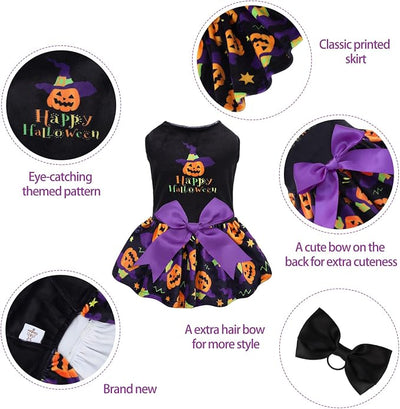 CuteBone Halloween Dog Dresses Velvet Holiday Small Dogs Clothes Onesie Pet Apparel Girl Puppy Skirt with Bow Hair Rope