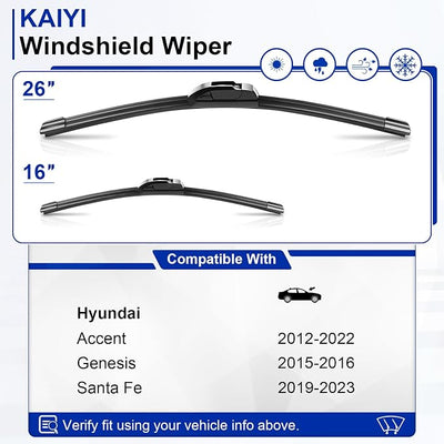 KAIYI 26" + 16" Windshield Wipers Compatible with Hyundai Accent 2012-2022,Santa Fe 2019-2023,Genesis 2015-2016 Premium Automotive Replacement Windshield Wiper Blades 2 Pack