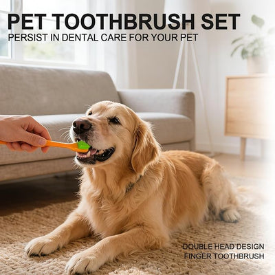 HOP 7 Pack Pet Toothbrush kit Orange 4 Angled Double-Head Dog Toothbrushes 3 Dog Finger Toothbrushes Soft Nylon Bristle Dog Toothbrush Refill Puppy Tooth Brushing Kit Pet Dental Care for Dogs and Cats