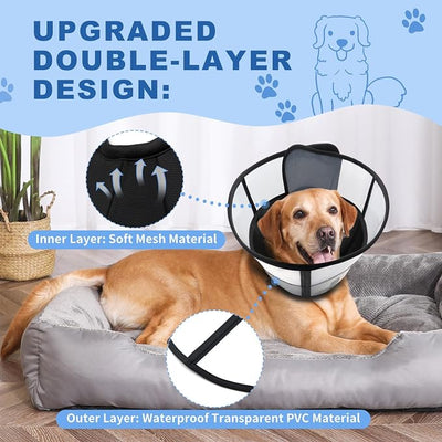 WinWeal Upgraded Soft Dog Cone Collar for Large Medium Dogs After Surgery – Adjustable Transparent Recovery Collar, Breathable Elizabethan E-Collar for Wound Healing & Anti-Licking (S, Black)