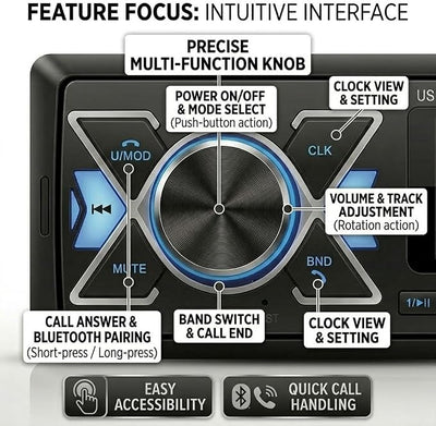 Single DIN Car Radio Headunit Bluetooth Stereo Audio for Handsfree Calling,Phone Charging, FM/ MP3/TF Card/AUX/Time,Dual USB,7 LED Colors