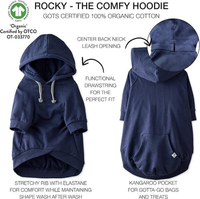 Pet Passion Rocky – The Original Lightweight Hooded Tee 100% Organic Cotton Dog Hoodie Pet Coat Sweater for All Sized Dogs, Original Navy, Medium (20-45 lbs)