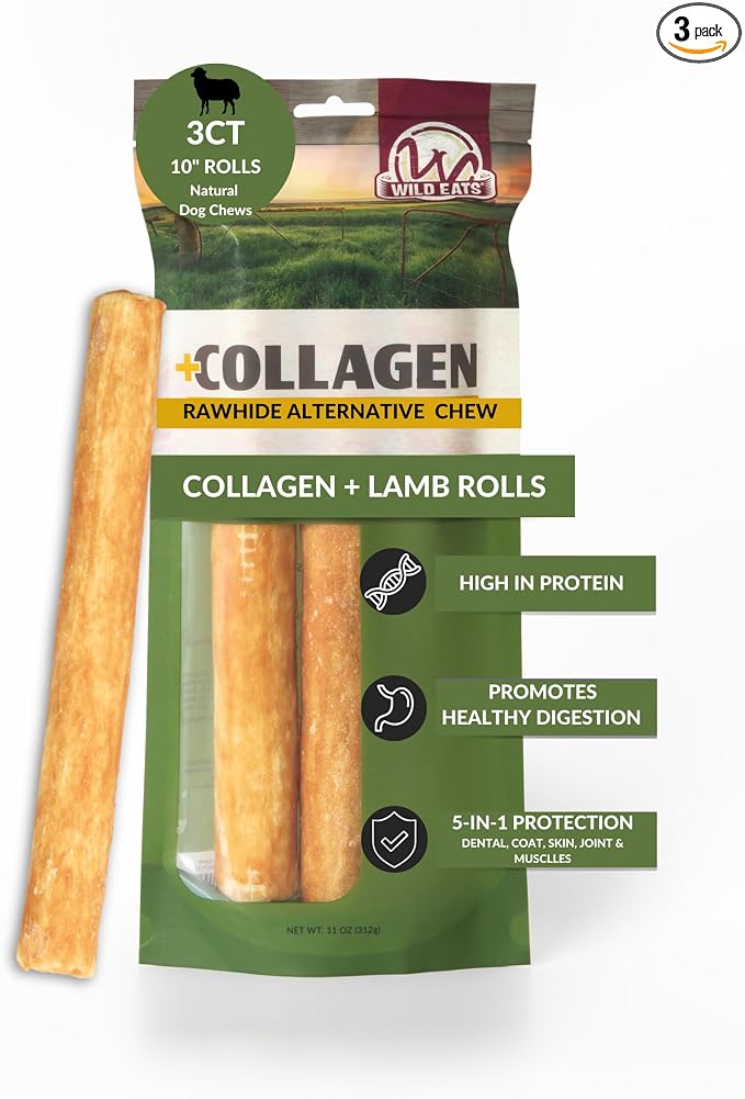 Lamb Flavor Collagen Retriever Style Cheek Rolls 10" Dog Chews-3 Pack (Long Lasting Dog Chews Treats & Bones for Medium Dogs) Substitute for Pig Ears for Dogs