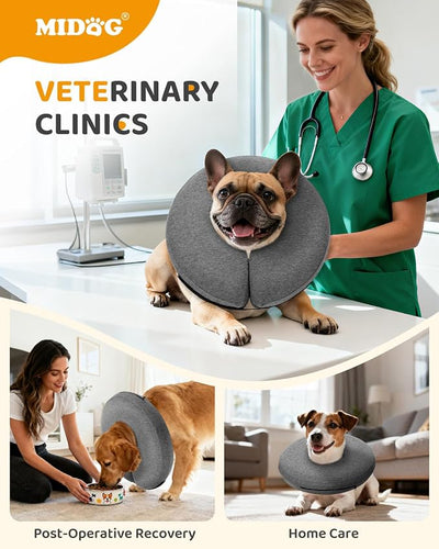 MIDOG Inflatable Dog Cone, Soft Donut Recovery Collar Alternative After Surgery to Help Prevent Licking, Comfy E Collar with Neck Pillow Design, Grey, M+