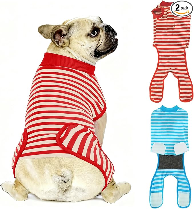 2 Packs Breathable Cotton Dog Recovery Suit for After Neuter Spay Abdominal Wounds Protector, Professional Anti-Licking Onesies for Male Female Pets Surgery Bandages, S Red & Blue Stripes